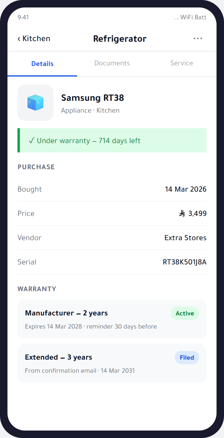 Every asset with its warranty and documents