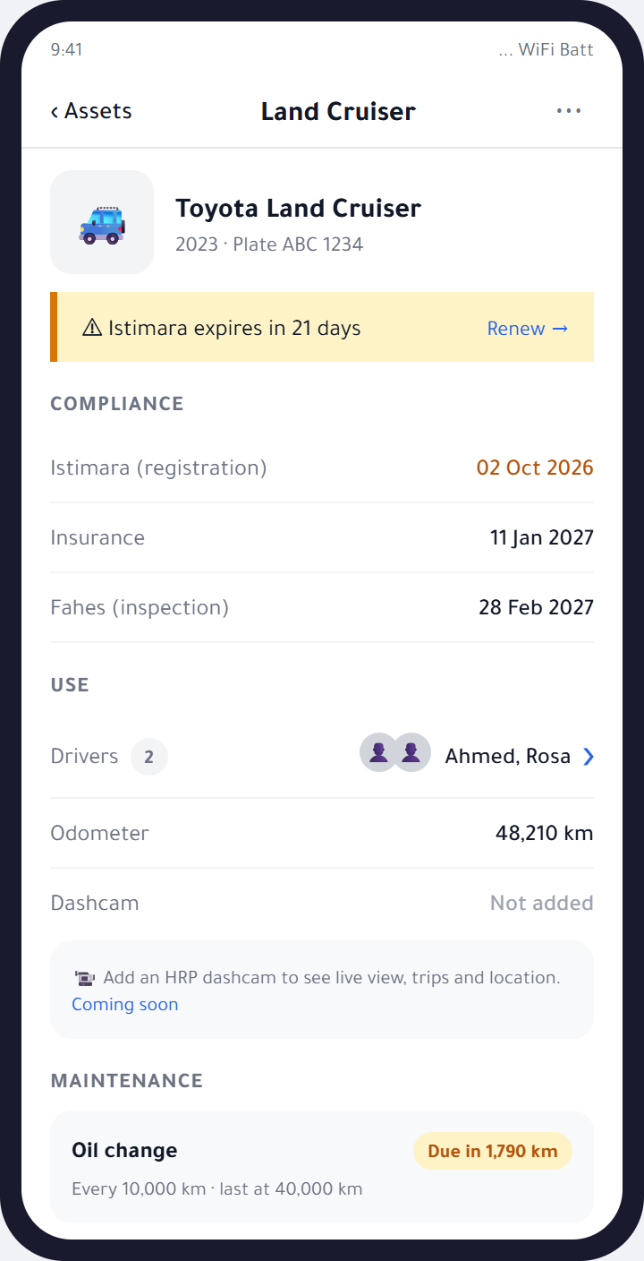 Vehicles: istimara, insurance and service